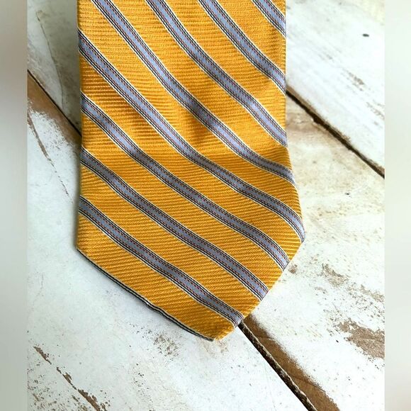 DANIEL CREMIEUX handmade silk tie yellow blue gray stripes men’s necktie EUC - Picture 3 of 10